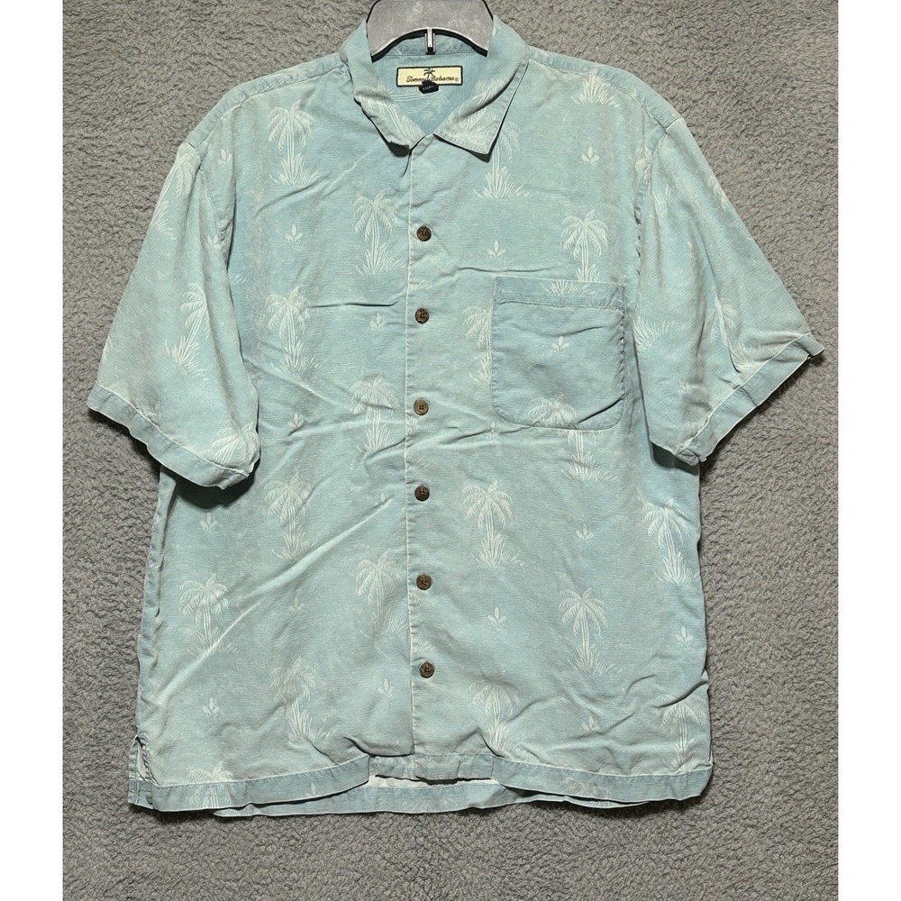 Tommy Bahama Blue Embroidered Tropical Palm Tree Silk Blend Camp Shirt L